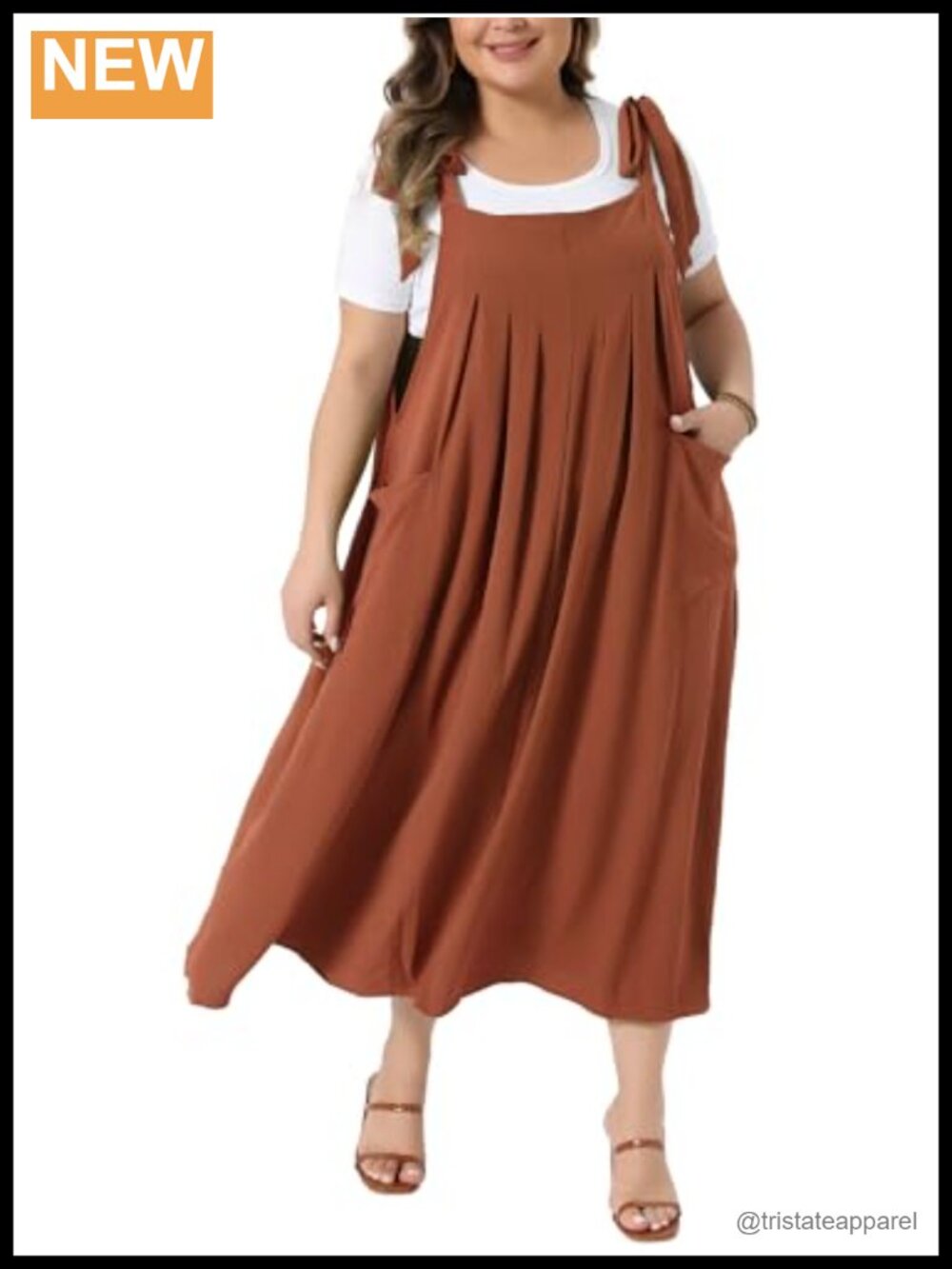 Plus Size Pleated Pinafore Jumper Dress Pockets Tie Strap